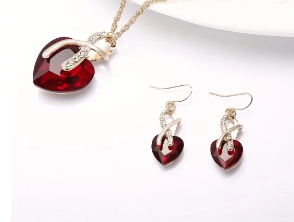 Gold Ruby Twisted Heart Jewelry Set