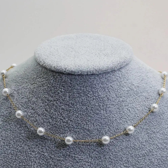 Gold Spaced Pearl Chain Necklace