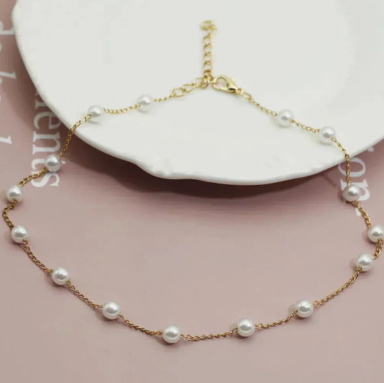 Gold Spaced Pearl Chain Necklace