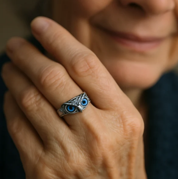 Owl of good luck adjustable ring in silver and opal