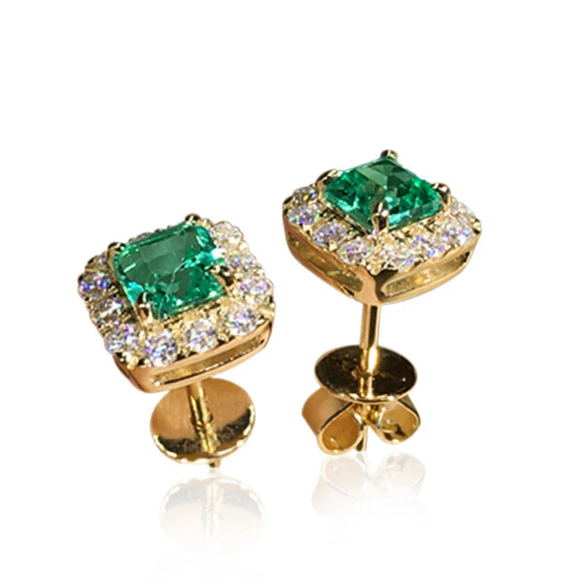 Gold Emerald Square Halo Stud Earrings