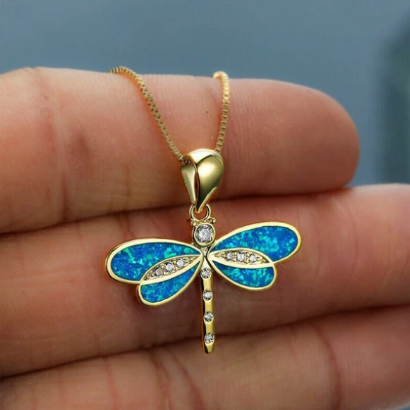 Dragonfly Necklace in Gold with Opal