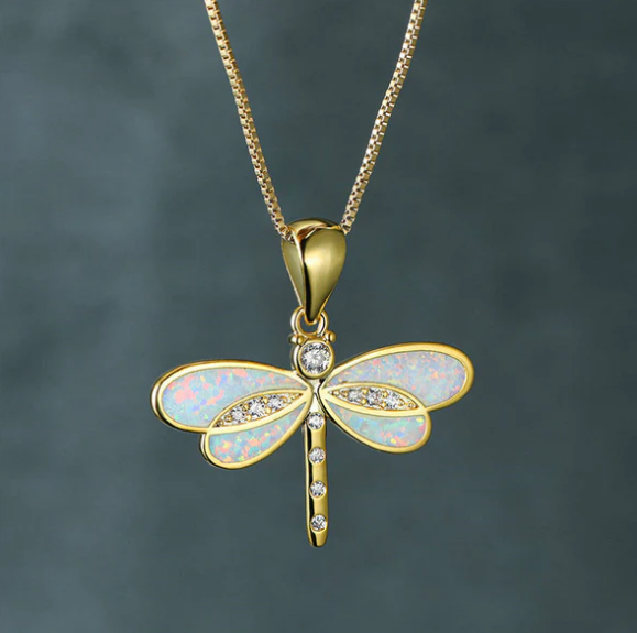 Dragonfly Necklace in Gold with Opal