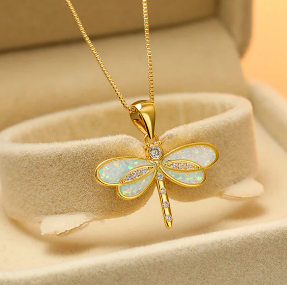 Dragonfly Necklace in Gold with Opal