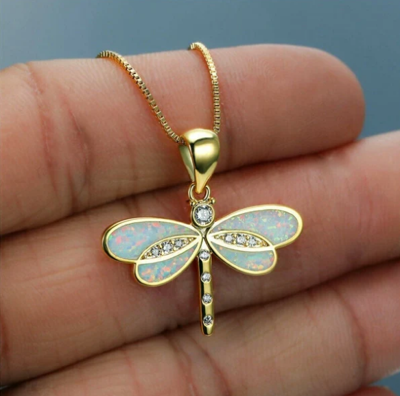 Dragonfly Necklace in Gold with Opal