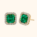 Gold Emerald Square Halo Stud Earrings