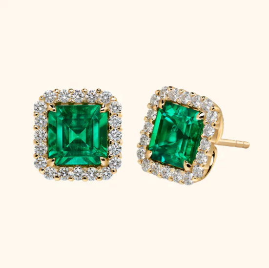 Gold Emerald Square Halo Stud Earrings