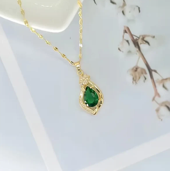 Gold Emerald Teardrop Pendant Necklace