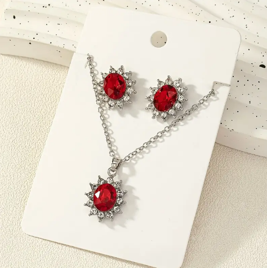 Silver Ruby Floral Jewelry Set