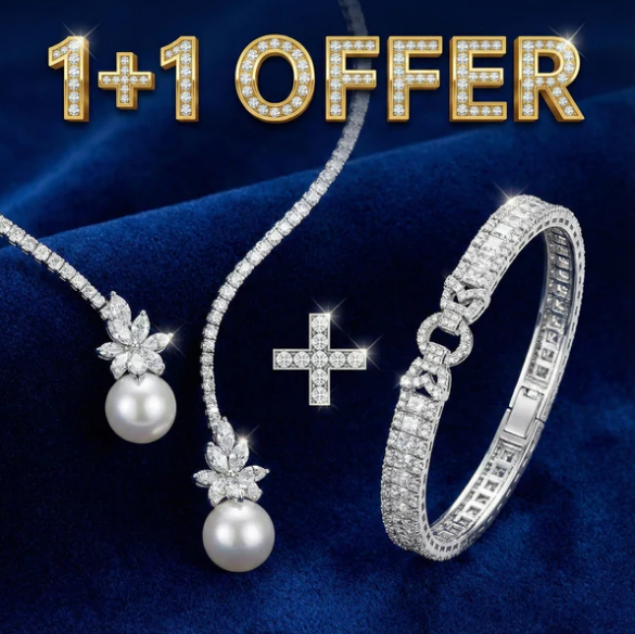 1+1 Offer: Elegant shiny necklace with pearls made of silver + Emerald Cut White Sapphire Bracelet