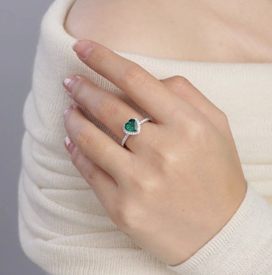 Silver Emerald Heart Halo Ring