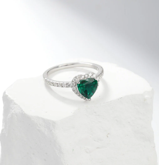 Silver Emerald Heart Halo Ring