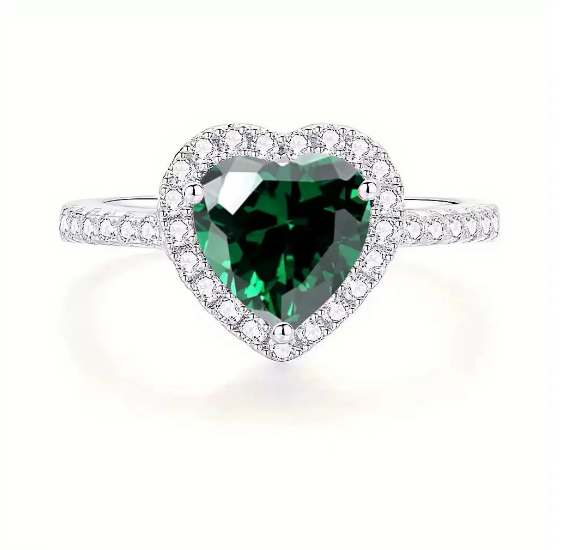 Silver Emerald Heart Halo Ring