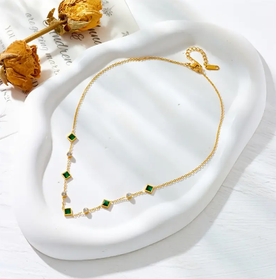 Gold Emerald Geometric Station Necklace