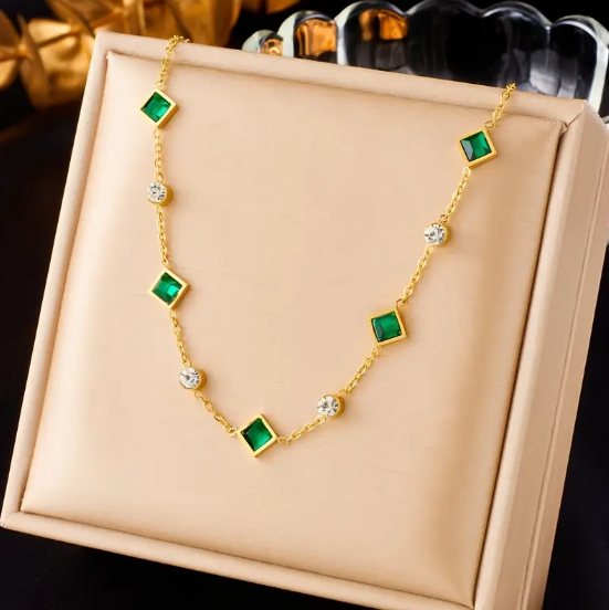Gold Emerald Geometric Station Necklace