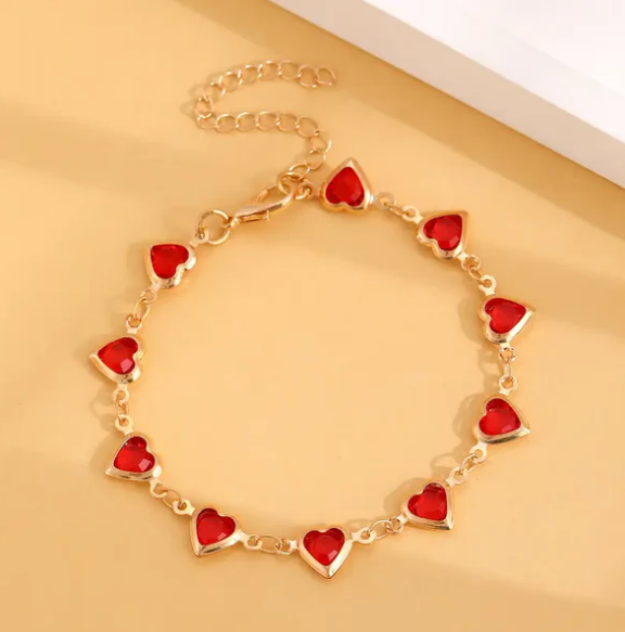 Gold Ruby Heart Chain Bracelet