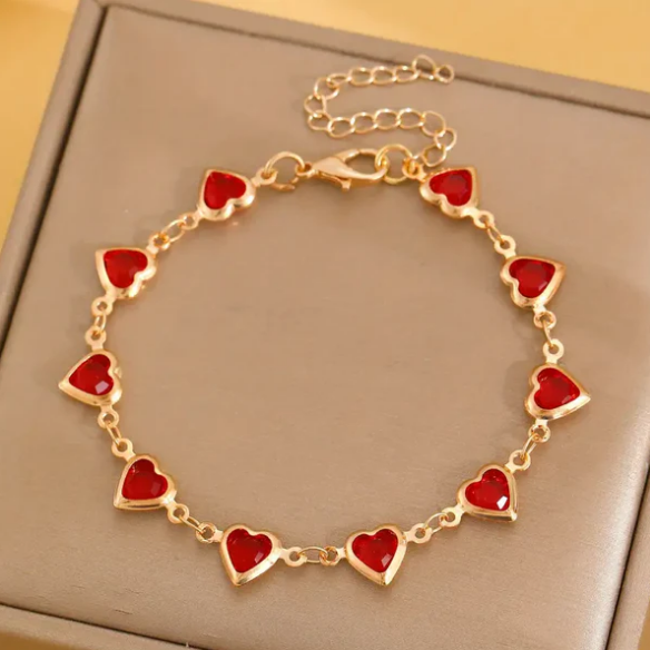 Gold Ruby Heart Chain Bracelet