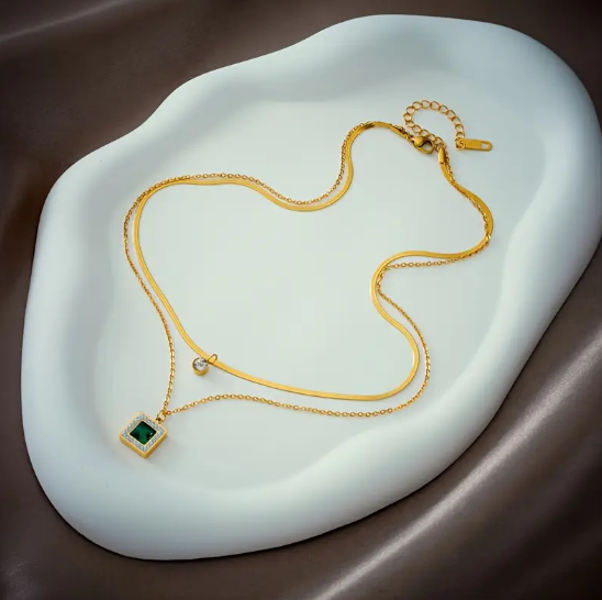 Gold Emerald Layered Necklace