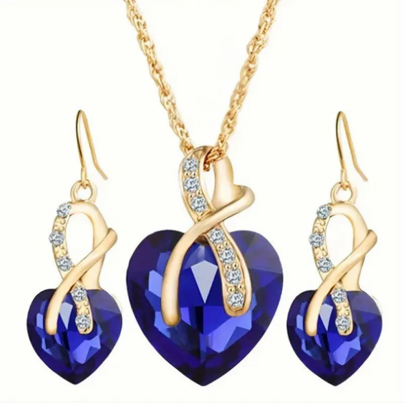 Gold Sapphire Heart Necklace and Earrings Set