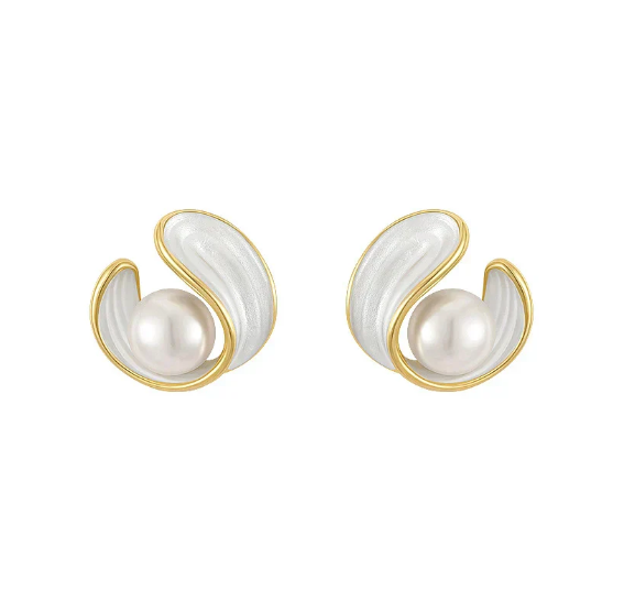 Gold Swirl Pearl Stud Earrings