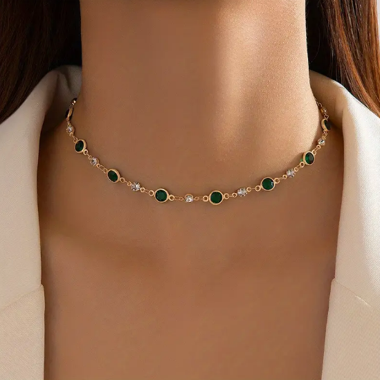 Gold Emerald Station Necklace
