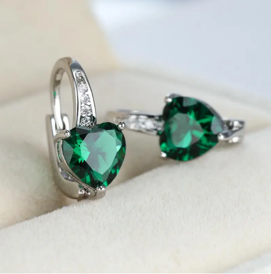 Silver Emerald Heart Hoop Earrings