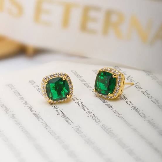 Gold Emerald Halo Stud Earrings